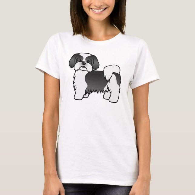 Camiseta Tzu Chih Negro Y Blanco Perro De Caricatura (Anverso)