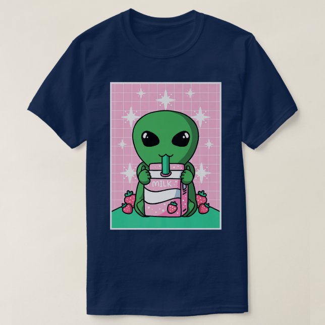 Camiseta UFO Alien Fresa Leche Shake Carton Ka Japonés (Diseño del anverso)