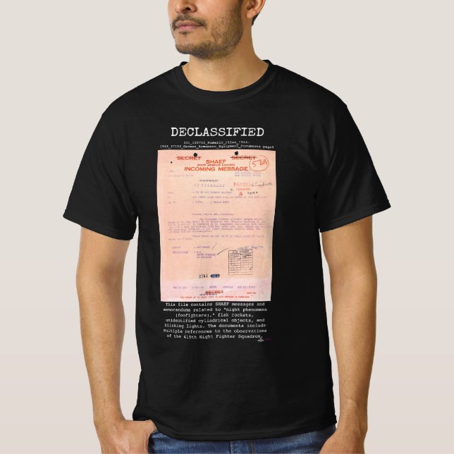 Camiseta UFO - Declassified 331_120752_Numeric_Files_1944–1 (Anverso)