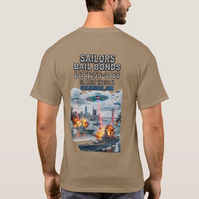 Camiseta UFOs attack US Navy in San Francisco Bay (Reverso)