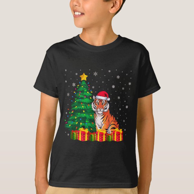 Camiseta Ugly Bengal Tiger Santa Hat Christmas Tree Lights  (Anverso)