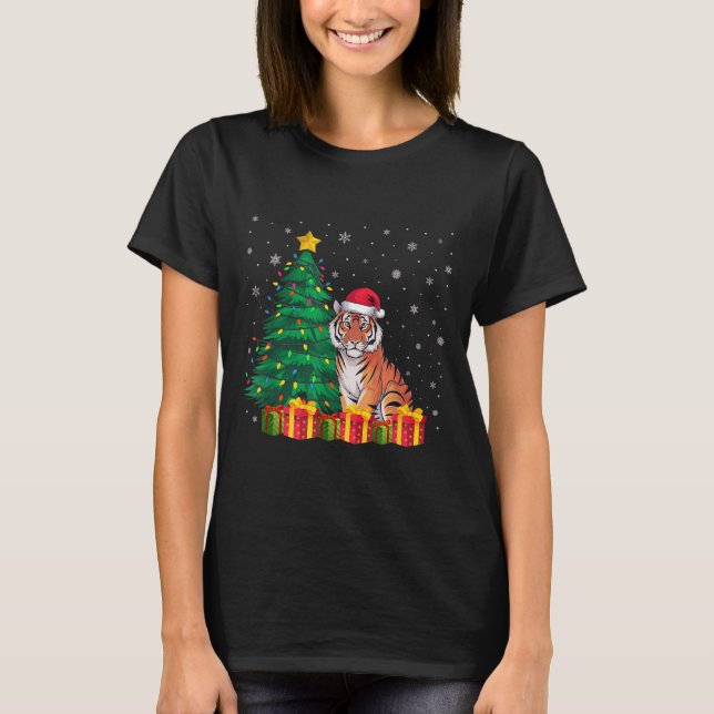 Camiseta Ugly Bengal Tiger Santa Hat Christmas Tree Lights  (Anverso)