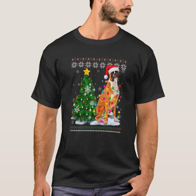 Camiseta Ugly Boxer Dog Santa Hat Árbol de Navidad Light (Anverso)