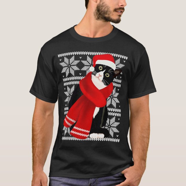 Camiseta Ugly Christmas Black Cat Santa Hat F Holiday Cute  (Anverso)