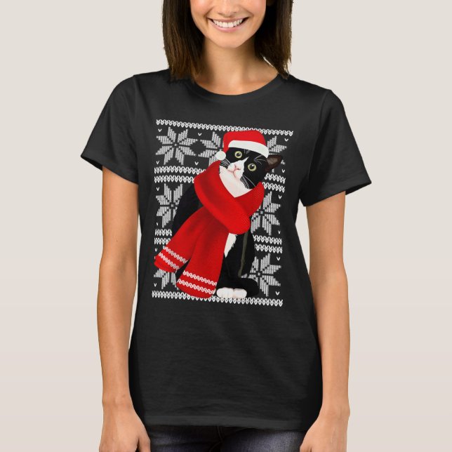 Camiseta Ugly Christmas Black Cat Santa Hat F Holiday Cute  (Anverso)