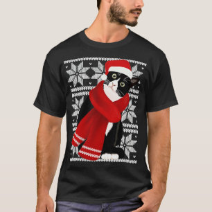 Camiseta Ugly Christmas Black Cat Santa Hat Scarf Holiday C