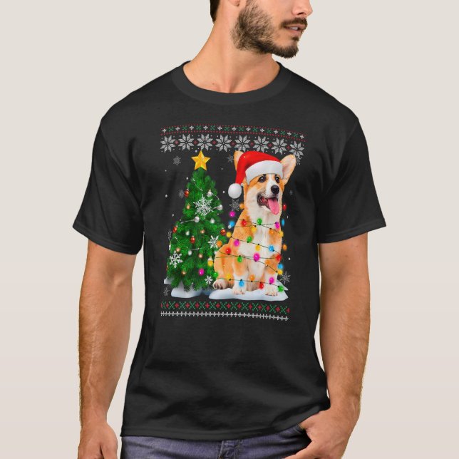Camiseta Ugly Corgi Dog Santa Hat Christmas Tree Light (Anverso)