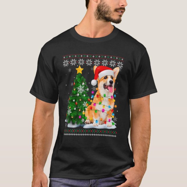 Camiseta Ugly Corgi Dog Santa Hat Christmas Tree Light (Anverso)