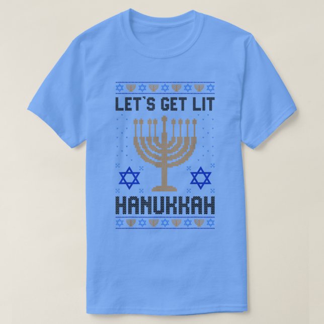 Camiseta Ugly Hanukkah Chanukah Menorah Let's Get Lit Jewis (Diseño del anverso)