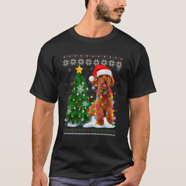 Camiseta Ugly Poodle Dog Santa Hat Árbol de Navidad Light (Anverso)