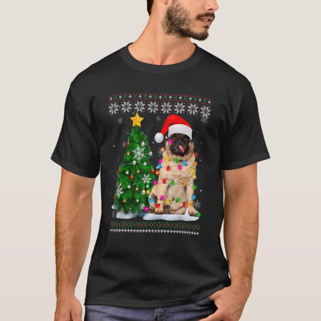 Camiseta Ugly Pug Dog Santa Hat Christmas Tree Light (Anverso)