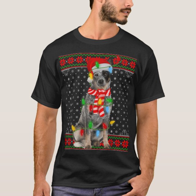 Camiseta Ugly Xmas Dog Lights Santa Hat Blue Heeler Dog Chr (Anverso)