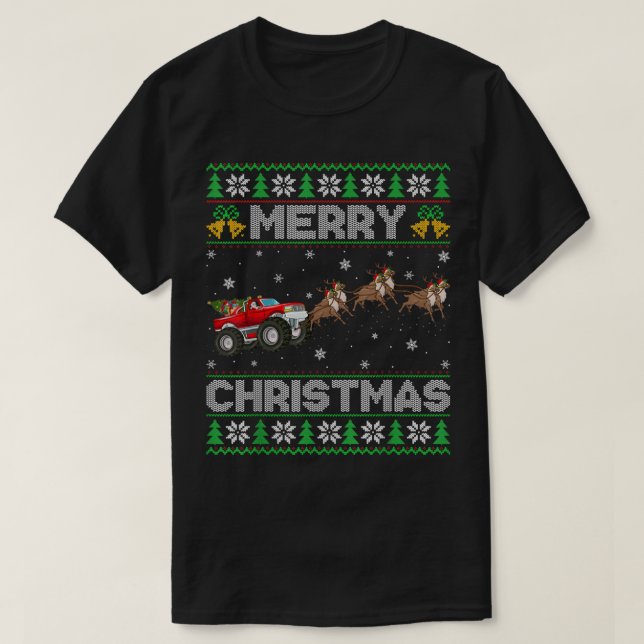 Camiseta Ugly Xmas Santa Ride Raindeer Monster Truck Merry  (Diseño del anverso)