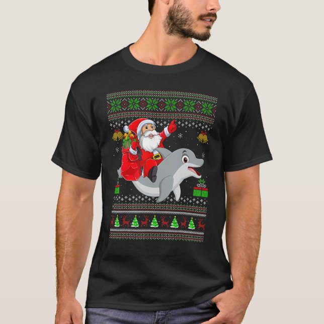 Camiseta Ugly Xmas Santa Riding Dolphin Fish Christmas (Anverso)