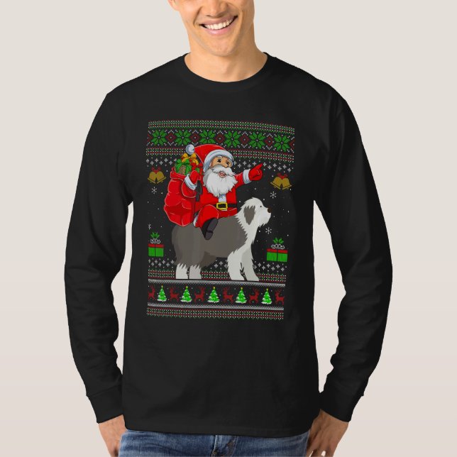 Camiseta Ugly Xmas Santa Riding English Sheepdog Christmas (Anverso)