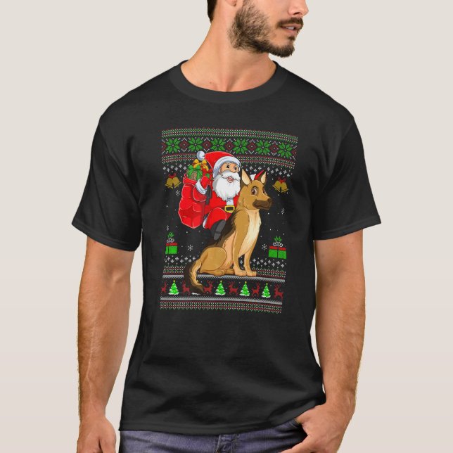 Camiseta Ugly Xmas Santa Riding German Shepherd Dog Christm (Anverso)