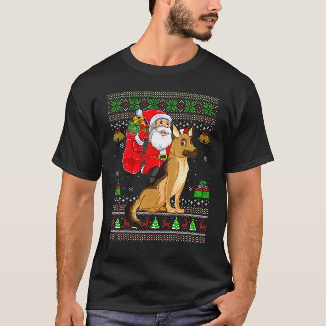 Camiseta Ugly Xmas Santa Riding German Shepherd Dog Christm (Anverso)