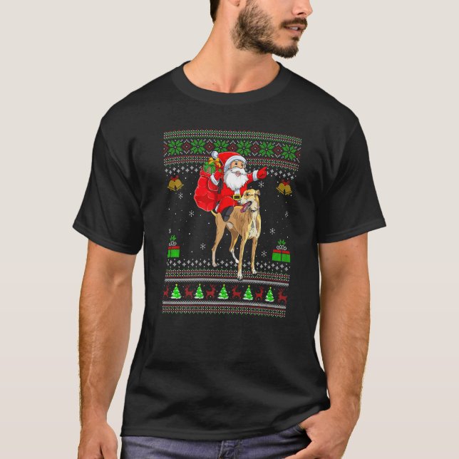 Camiseta Ugly Xmas Santa Riding Greyhound Dog Christmas (Anverso)