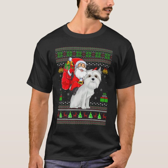Camiseta Ugly Xmas Santa Riding Maltese Dog Christmas (Anverso)