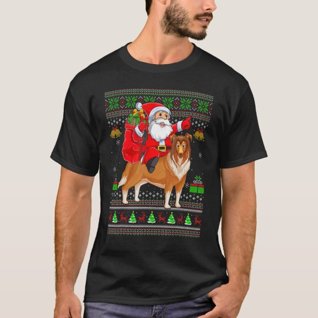 Camiseta Ugly Xmas Santa Riding Sheepdog Christmas (Anverso)