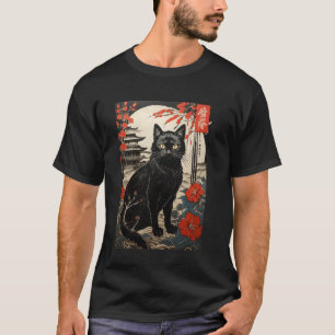 Camiseta Ukiyo-e Gato Negro - Estilo Grabado en Madera Japo