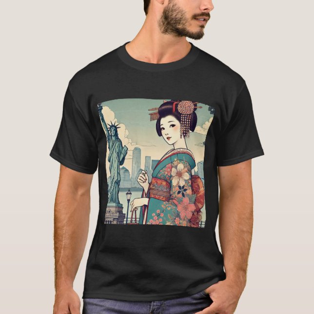 Camiseta Ukiyo-e style: Oiran alongside the Statue of Liber (Anverso)