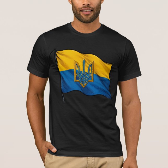 Camiseta Ukrainian flag waving in the wind with Trident (Anverso)