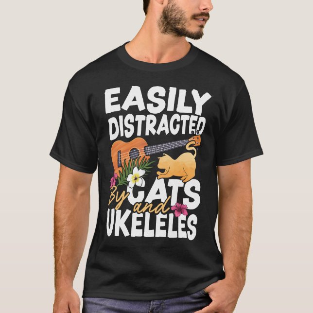 Camiseta Ukulele Se Distrae Fácilmente Por Gato De Gatos Y  (Anverso)