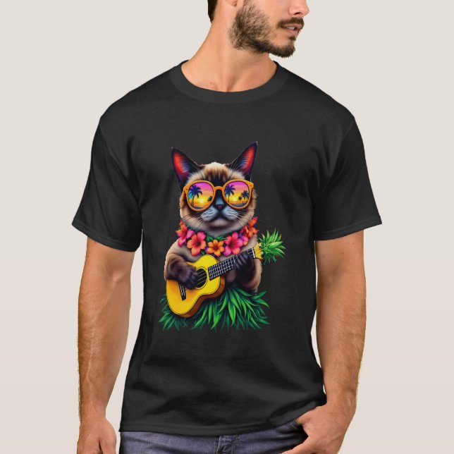 Camiseta Ukulele, un gato y una piña hawaianos en va (Anverso)