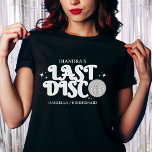 Camiseta Última discoteca Nombre Retro Plata Bachelorette d<br><div class="desc">Última camiseta estilo discoteca estilo años 70 con soltera. Shirt cuenta con bola disco y fuente retro en negro y plata con texto en la última discoteca. Haga clic en personalizar para agregar los nombres y detalles o editarlos en la herramienta de diseño para editarlos más.</div>