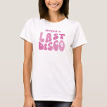 Camiseta Última discoteca rosa, moderna fiesta de soltera r<br><div class="desc">Esta retro-discoteca "Last Disco" es una fabulosa manera de celebrar el último vuelo de tu novia. Con un diseño rosa cálido y una estridente gráfica de bola de disco, esta camiseta da un toque sencillo y moderno a las clásicas vibraciones disco. Personalice el nombre de la novia con un toque...</div>