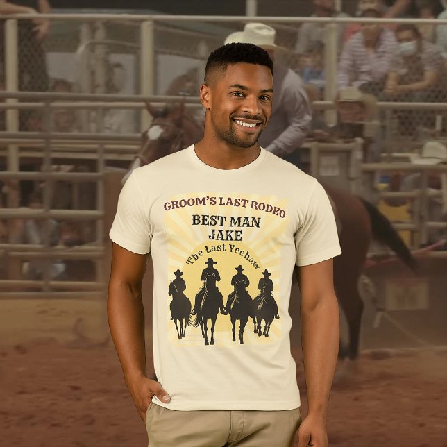 Camiseta Último Rodeo Cowboys Sunset Mejor Hombre Nombre Ba (Last Rodeo Cowboys Sunset Best Man Name Bachelor T-Shirt)