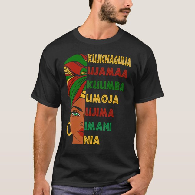 Camiseta Umoja Kujichagulia Ujima Ujamaa Nia Kuumba Imani 1 (Anverso)