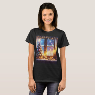 Camiseta un árbol de navidad con una ventana y una menorah