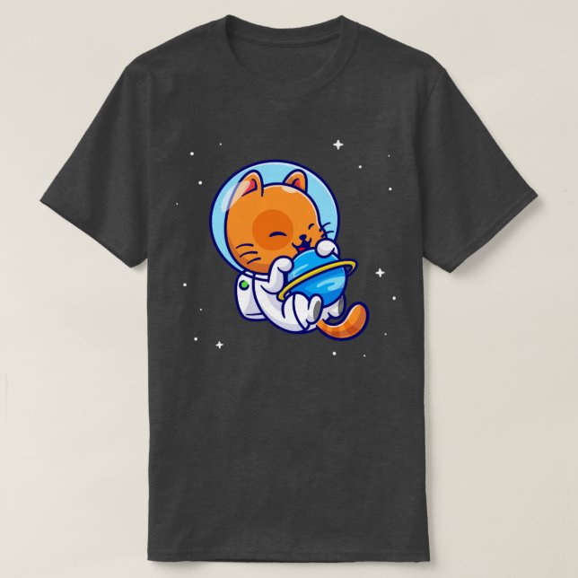 Camiseta Un astronauta gato lindo abraza el planeta en un P (Diseño del anverso)