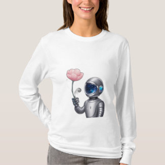 Camiseta Un astronauta robot sostiene una flor, con estrell