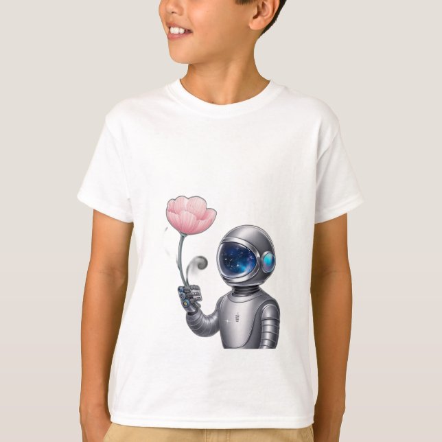 Camiseta Un astronauta robot sostiene una flor, con estrell (Anverso)