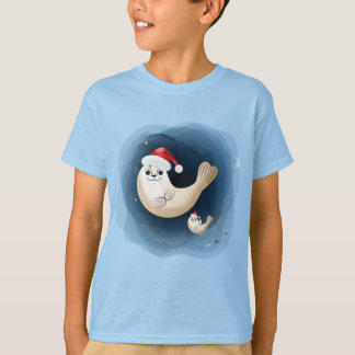 Camiseta Un bebé de foca con sombrero de santa saludando a