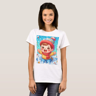 Camiseta un bebé en una tormenta de nieve con un muñeco de