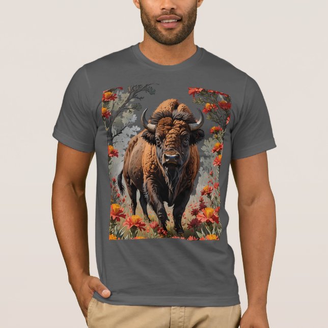 Camiseta Un Bison Americano Rodeado De Pincel Indio (Anverso)