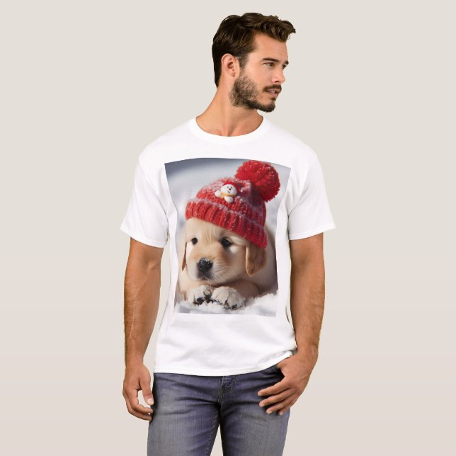 Camiseta un cachorro con un gorra rojo con un muñeco de nie (Anverso completo)