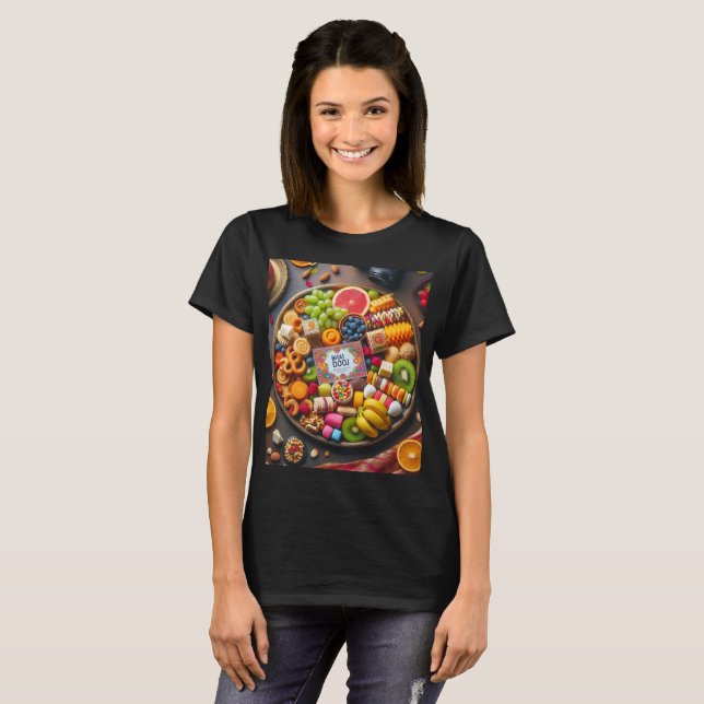 Camiseta un cartel de comida que dice de vuelta a la palabr (Anverso completo)