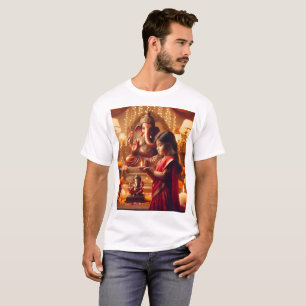 Camiseta un chica en un sari está parado frente a una estat
