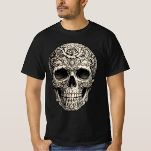Camiseta Un cráneo adornado con diseños florales y plata