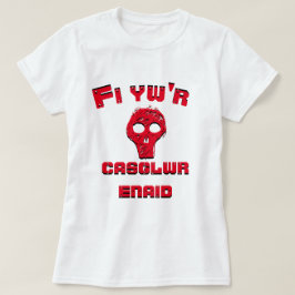 Camiseta Un cráneo rojo y el texto Fi yw'r casglwr enaid