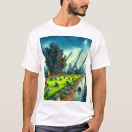 Camiseta un cuadro de un campo que tiene una grúa sobre él