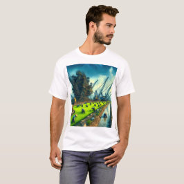 Camiseta un cuadro de un campo que tiene una grúa sobre él