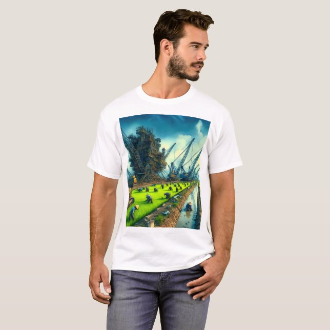 Camiseta un cuadro de un campo que tiene una grúa sobre él (Anverso completo)
