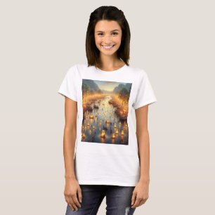Camiseta un cuadro de un río con linternas y gente en