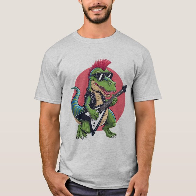 Camiseta un dinosaurio personalizado tocando una guitarra e (Anverso)